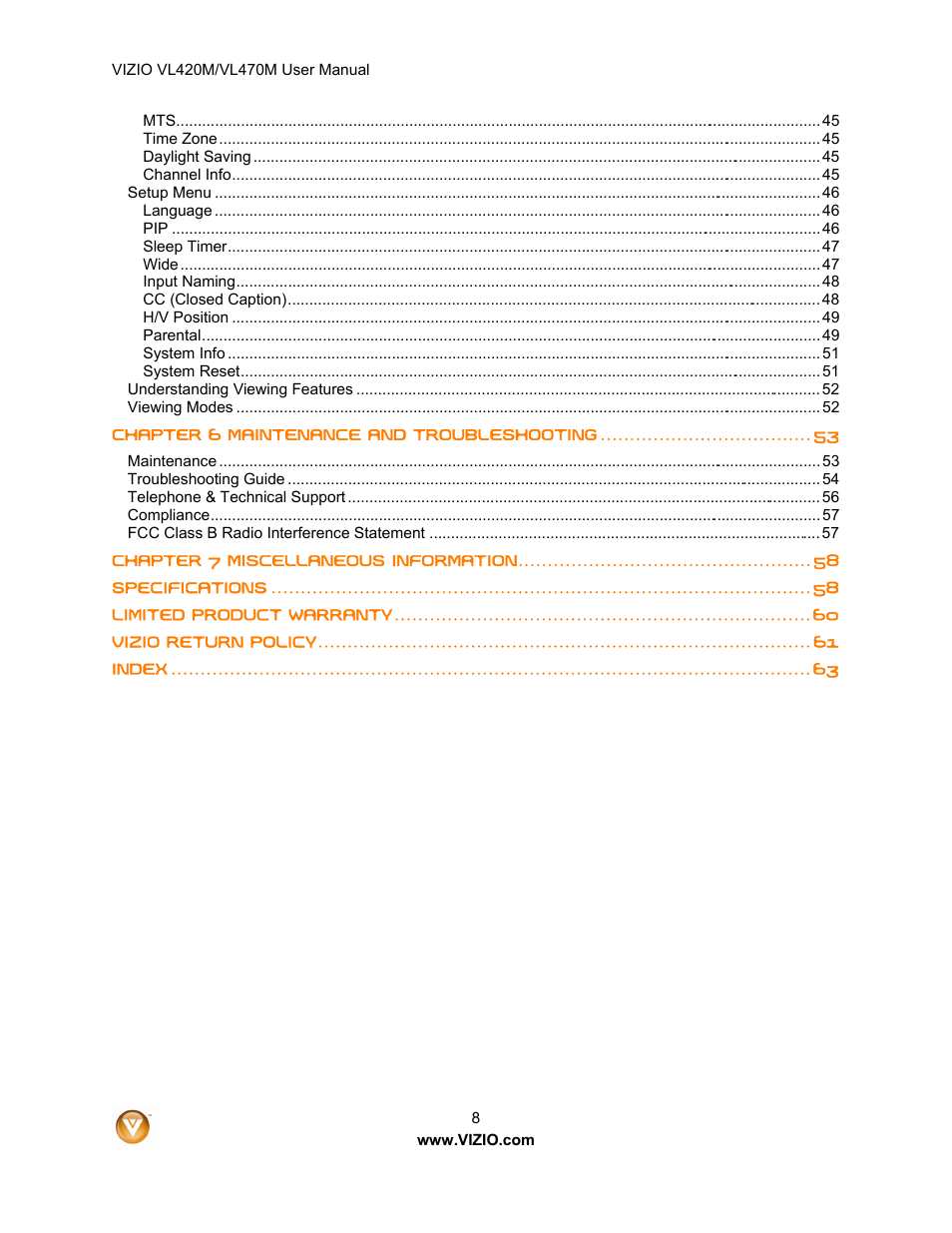 Vizio VL470M User Manual | Page 8 / 64