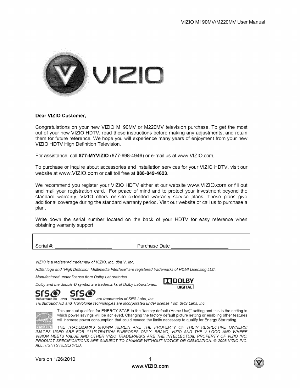Vizio M190MV User Manual | 51 pages