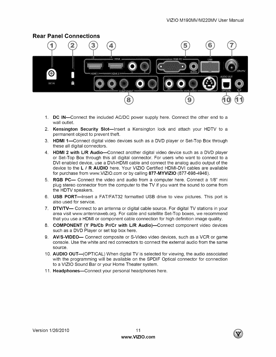 Rear panel connections | Vizio M190MV User Manual | Page 11 / 51