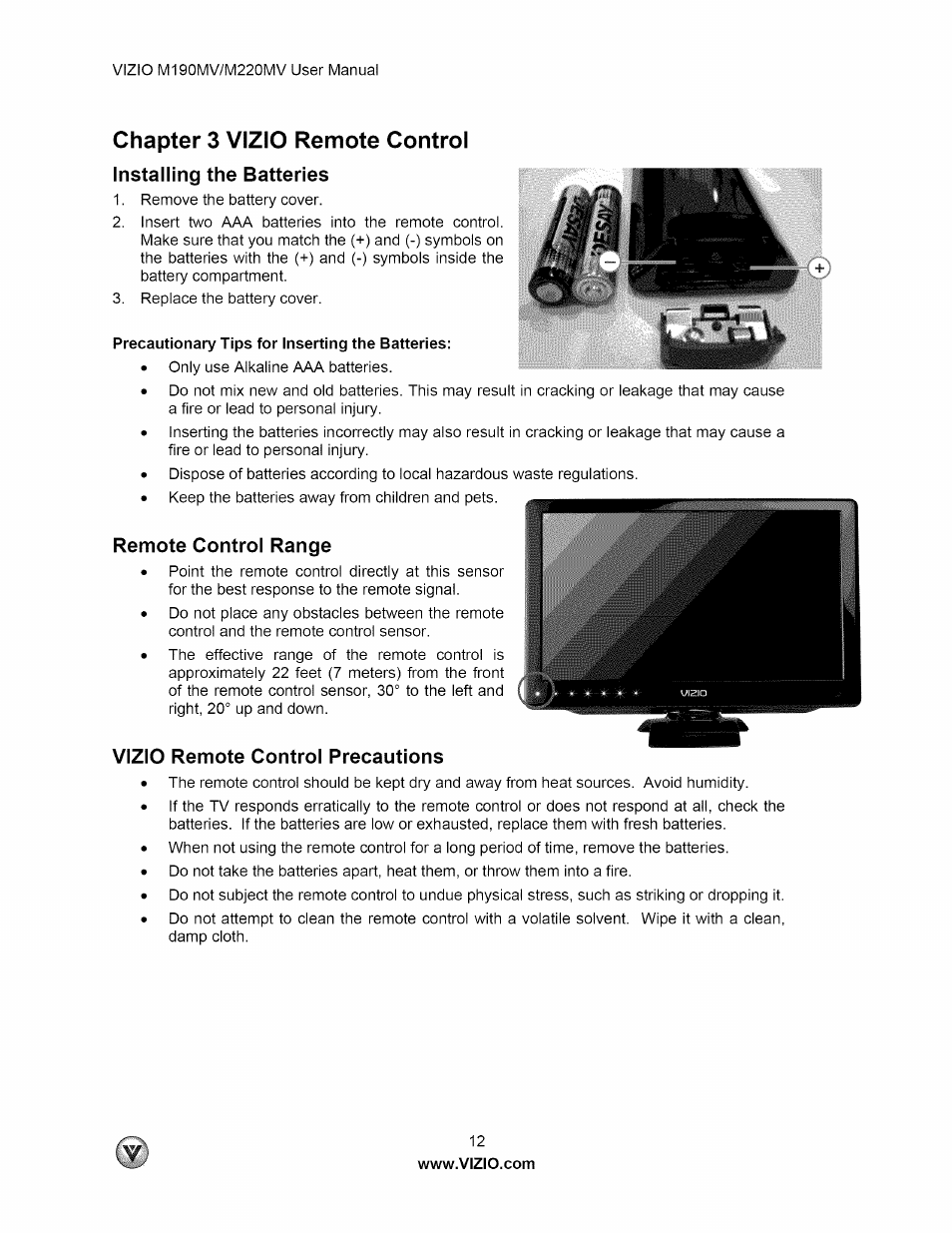 Chapter 3 vizio remote control, Installing the batteries, Remote control range | Vizio remote control precautions, Vizic remote control precautions | Vizio M190MV User Manual | Page 12 / 51
