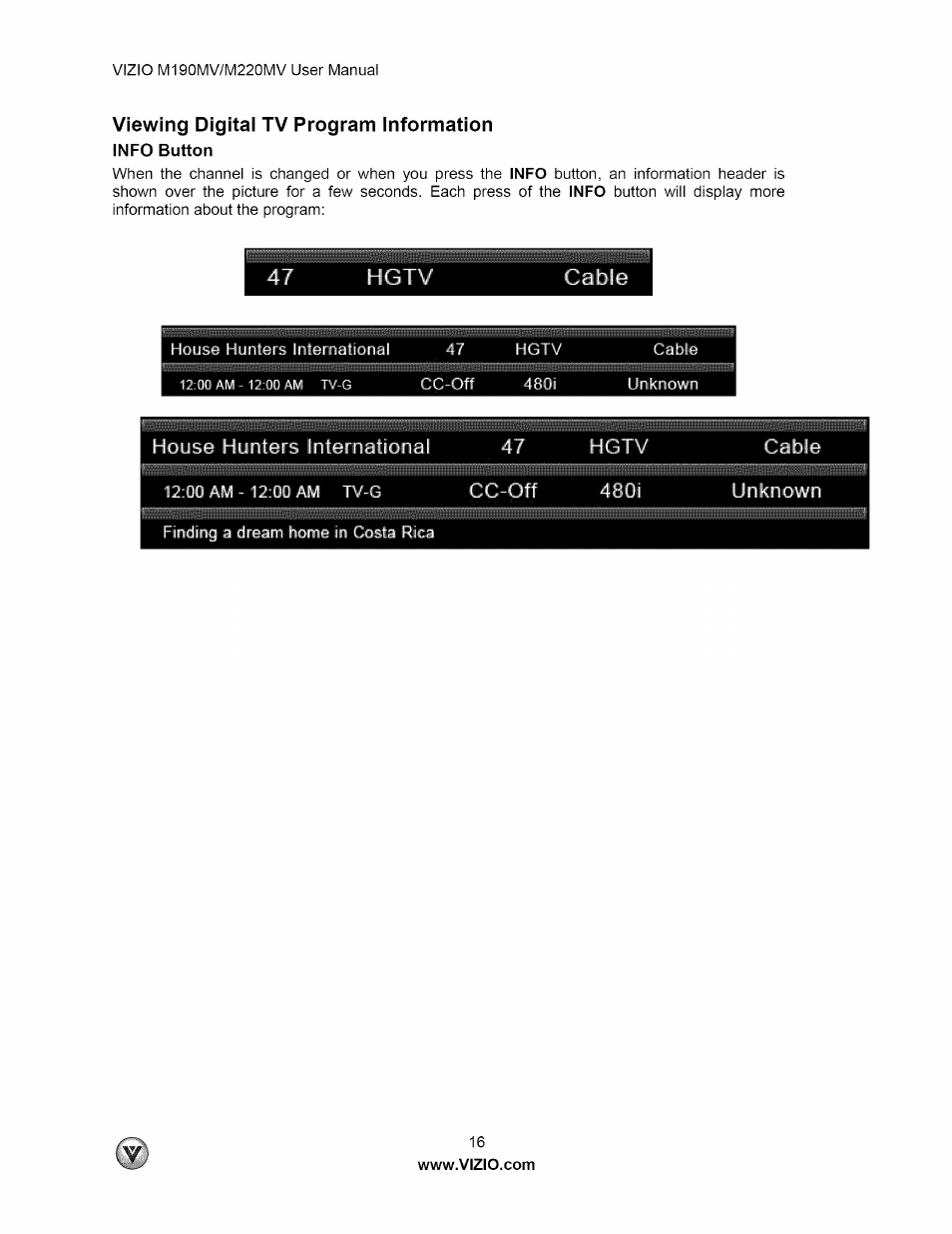 Viewing digitai tv program information, Viewing digital tv program information | Vizio M190MV User Manual | Page 16 / 51