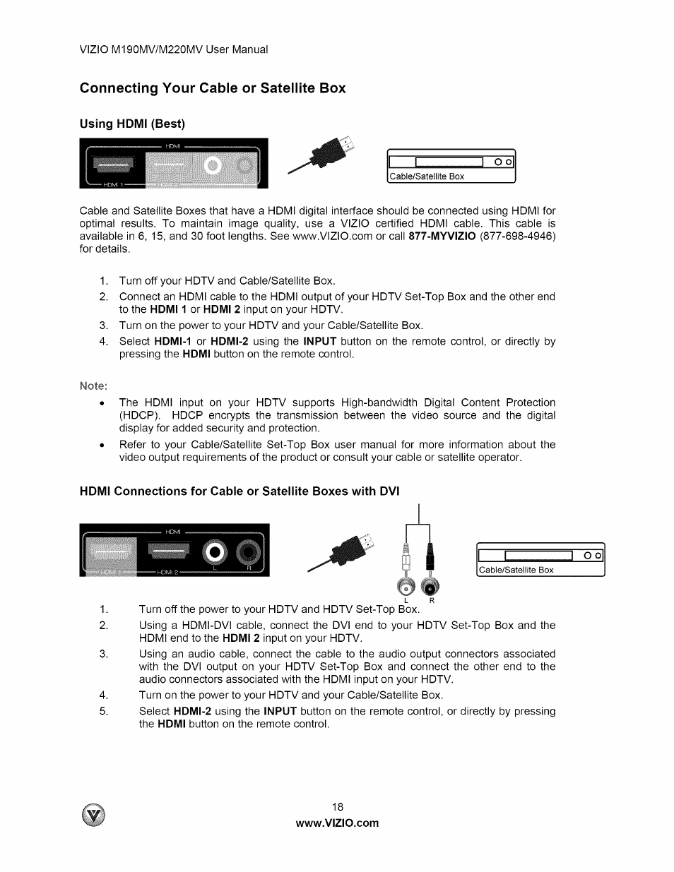 Connecting your cable or satellite box | Vizio M190MV User Manual | Page 18 / 51