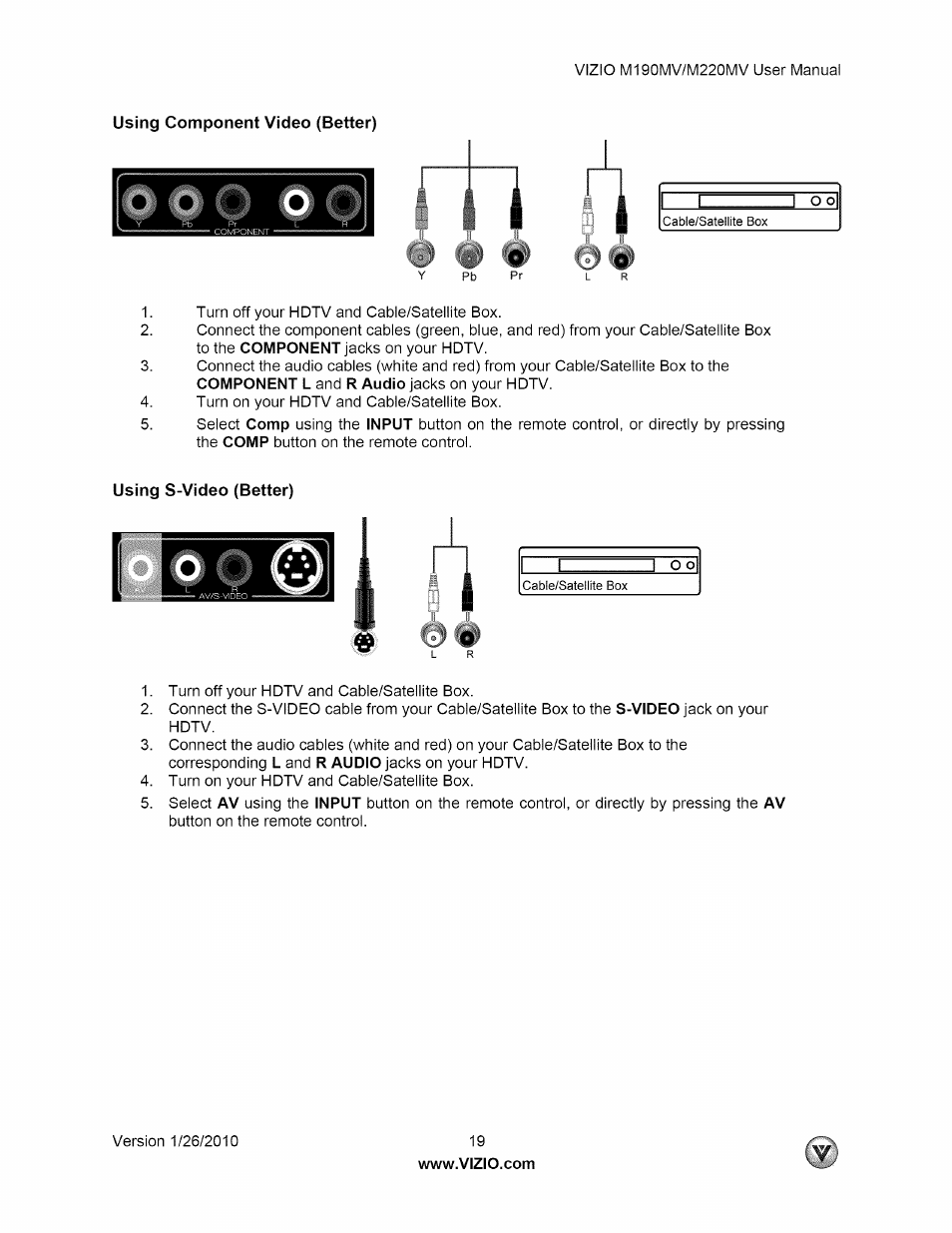 Using component video (better), Using s-video (better) | Vizio M190MV User Manual | Page 19 / 51