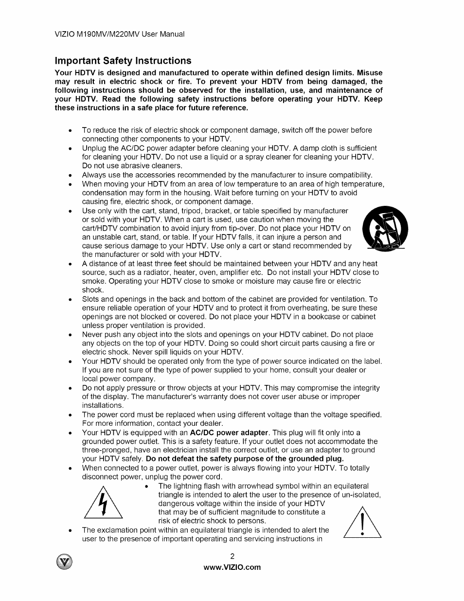 Important safety instructions | Vizio M190MV User Manual | Page 2 / 51