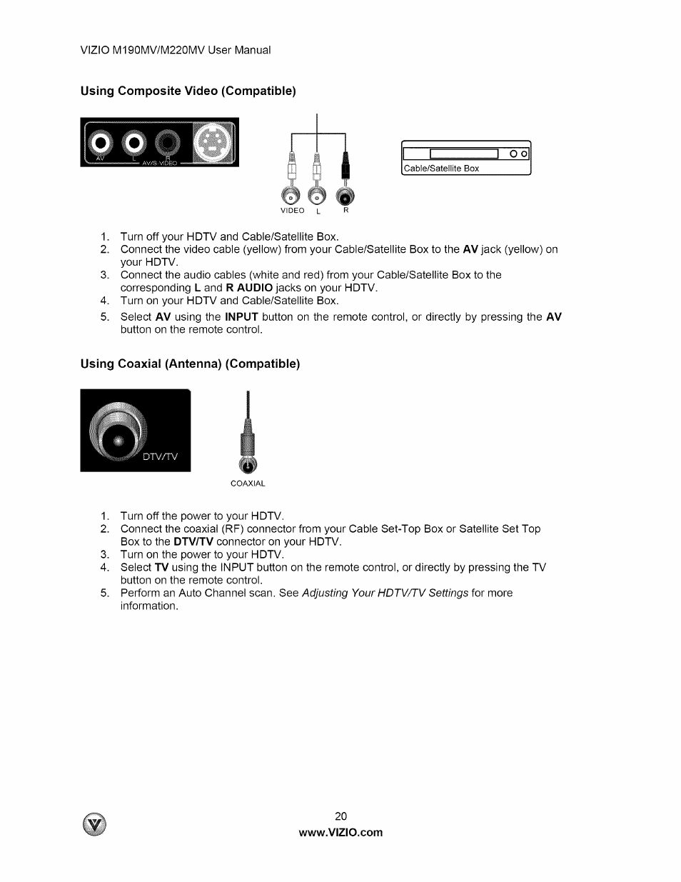 Using composite video (compatible), Using coaxial (antenna) (compatible) | Vizio M190MV User Manual | Page 20 / 51