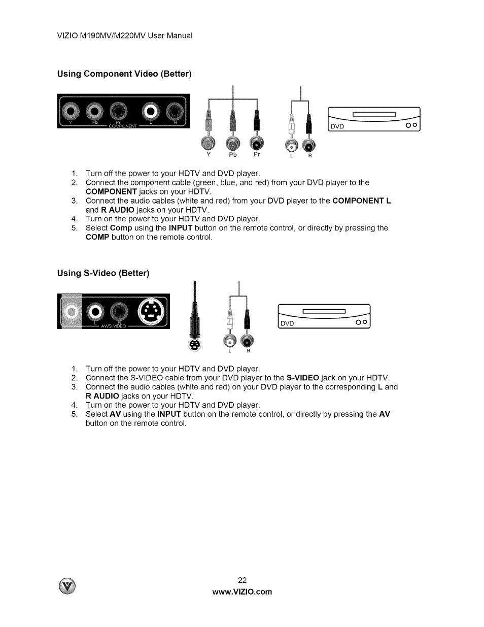 Using component video (better) | Vizio M190MV User Manual | Page 22 / 51