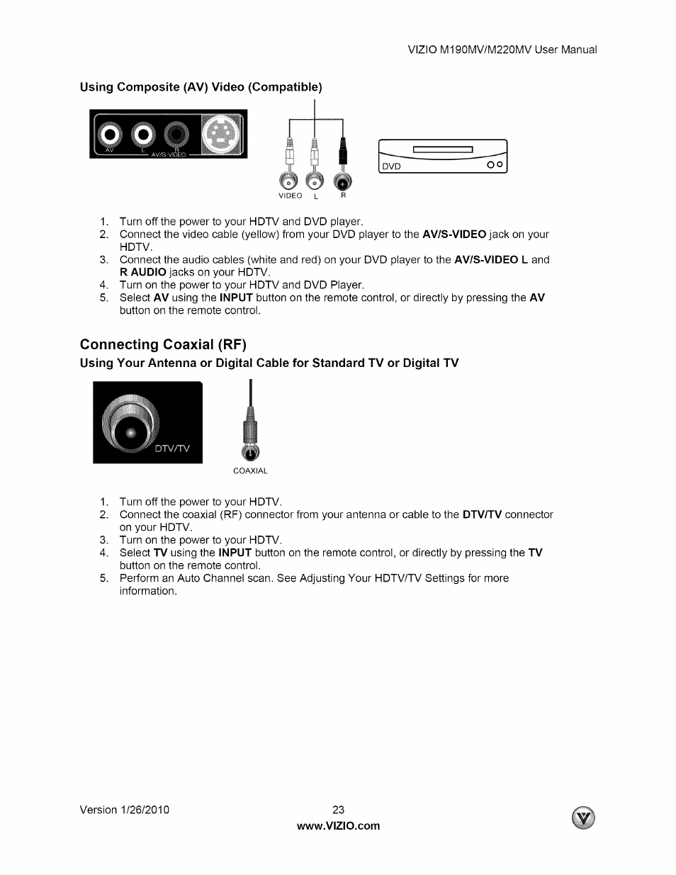 Using composite (av) video (compatible), Connecting coaxial (rf) | Vizio M190MV User Manual | Page 23 / 51
