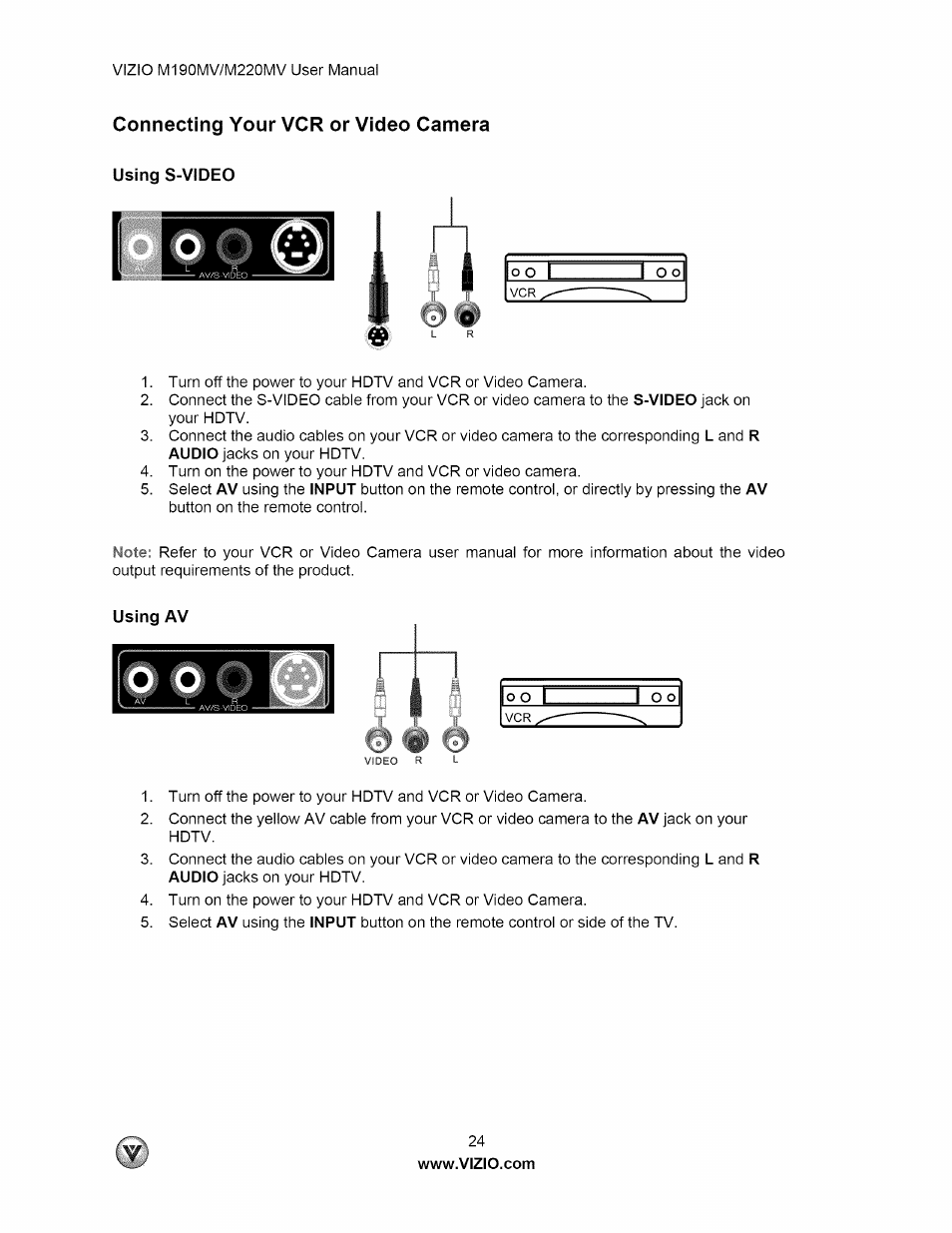 Connecting your vcr or video camera, Using av | Vizio M190MV User Manual | Page 24 / 51