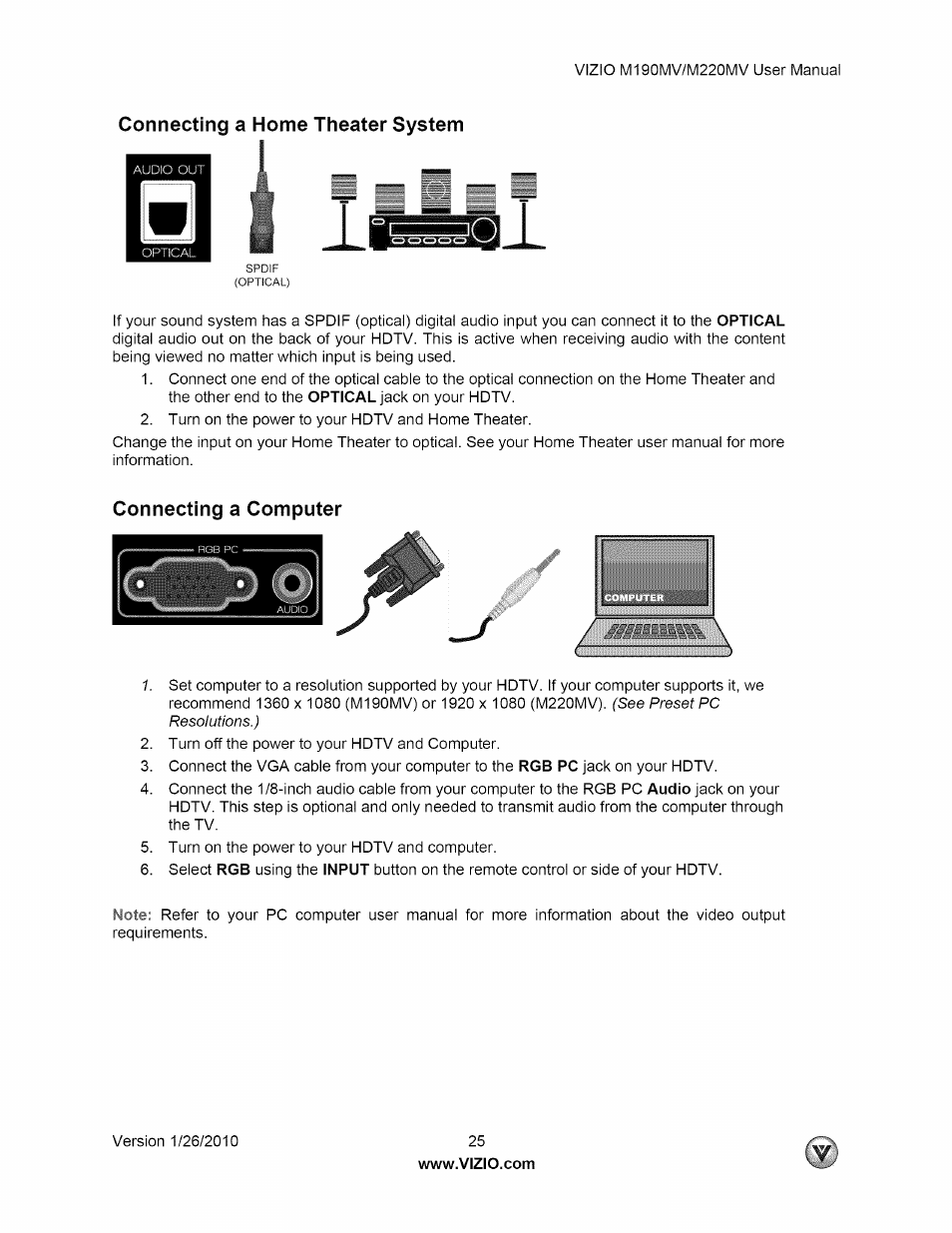 Connecting a home theater system, Connecting a computer | Vizio M190MV User Manual | Page 25 / 51