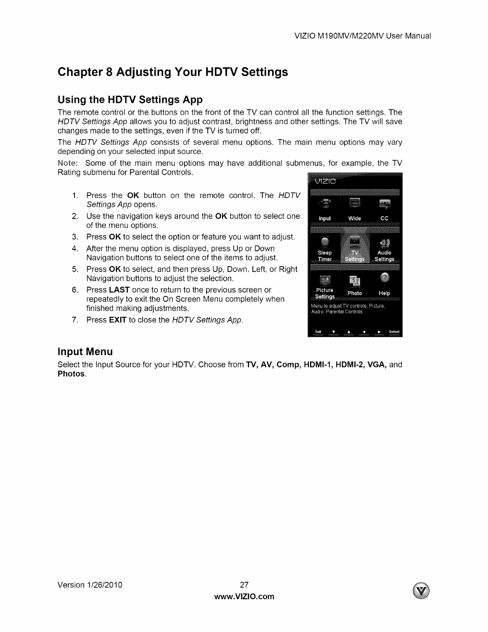Chapter 8 adjusting your hdtv settings, Using the hdtv settings app, Input menu | Vizio M190MV User Manual | Page 27 / 51