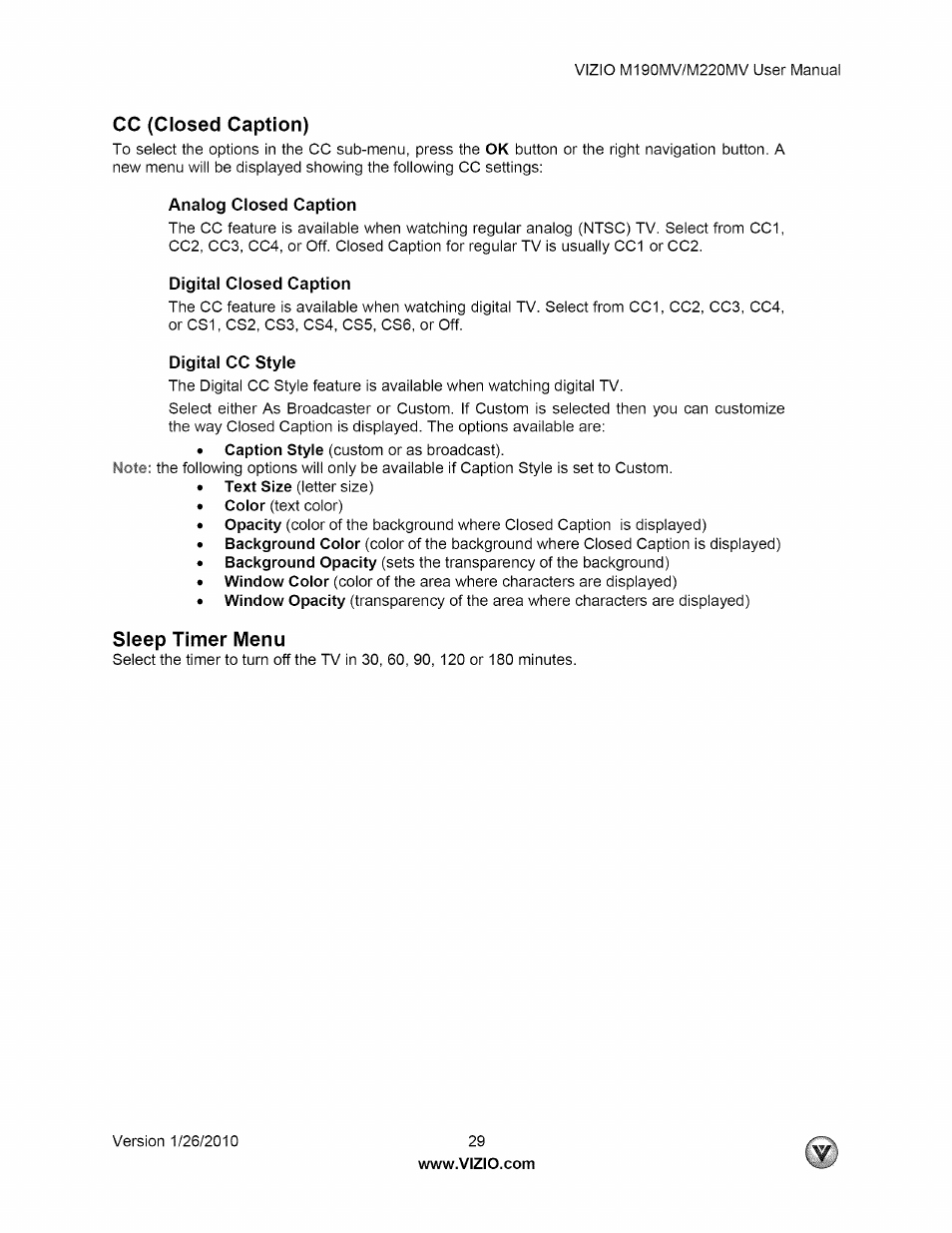 Cc (closed caption), Analog closed caption, Digital closed caption | Digital cc style, Sleep timer menu | Vizio M190MV User Manual | Page 29 / 51