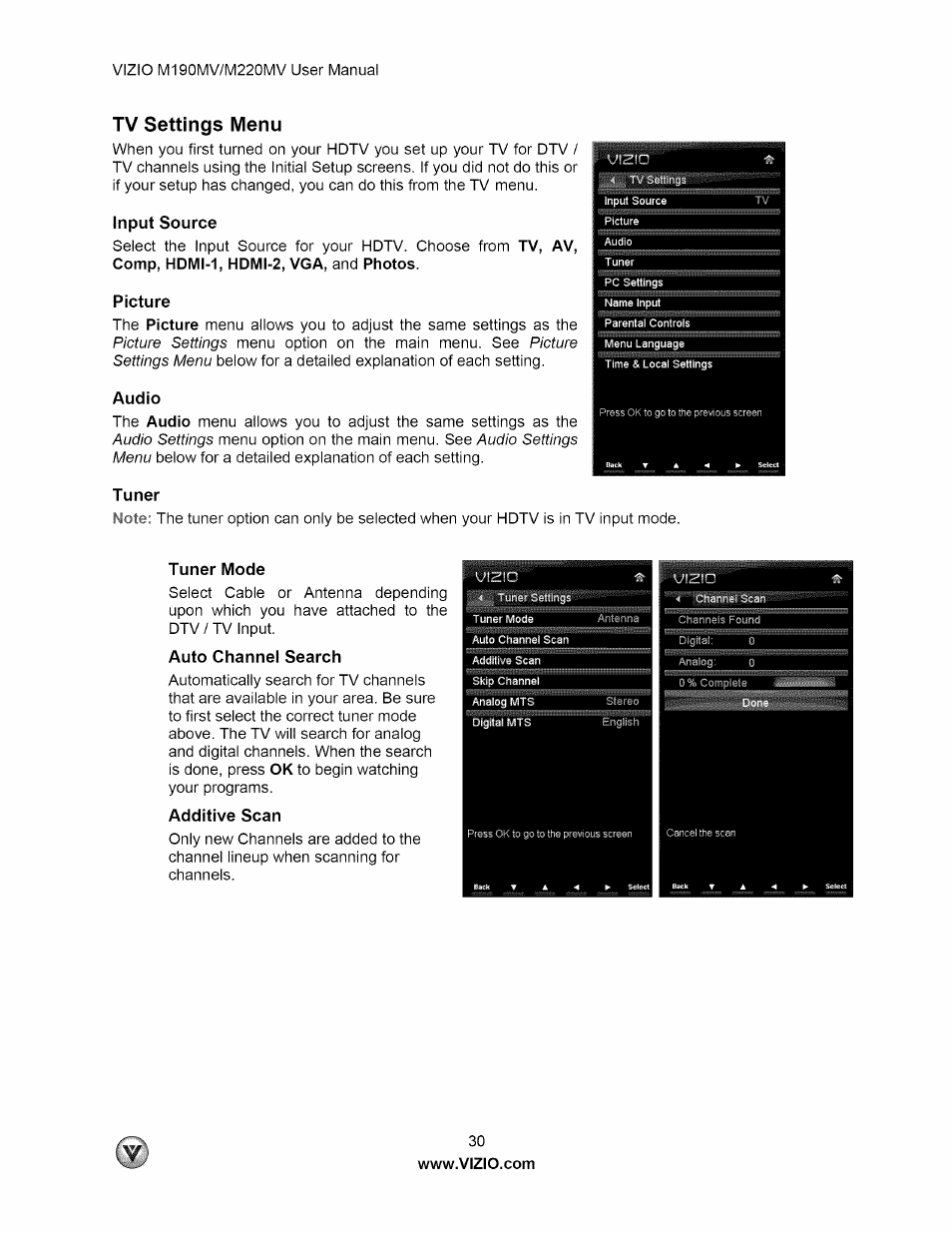 Tv settings menu, Input source, Picture | Audio, Tuner, Tuner mode, Auto channel search, Additive scan, Input source picture, Audio t uner | Vizio M190MV User Manual | Page 30 / 51