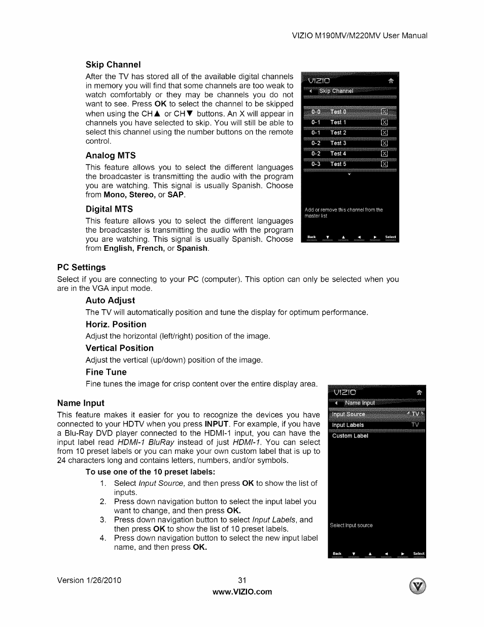 Skip channel, Analog mts, Digital mts | Pc settings, Auto adjust, Horiz. position, Vertical position, Fine tune, Name input | Vizio M190MV User Manual | Page 31 / 51