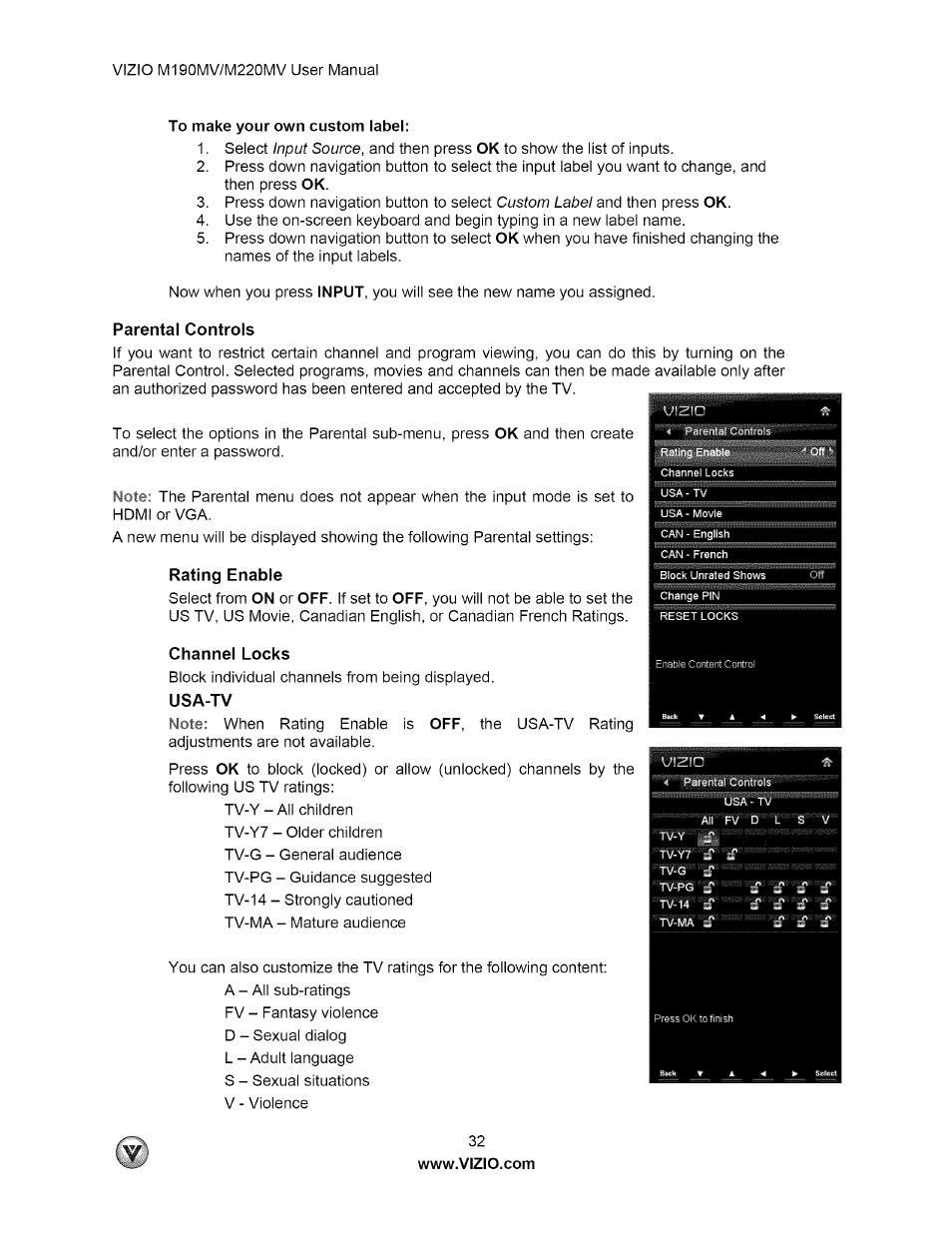 Parental controls, Channel locks, Usa-tv | Vizio M190MV User Manual | Page 32 / 51