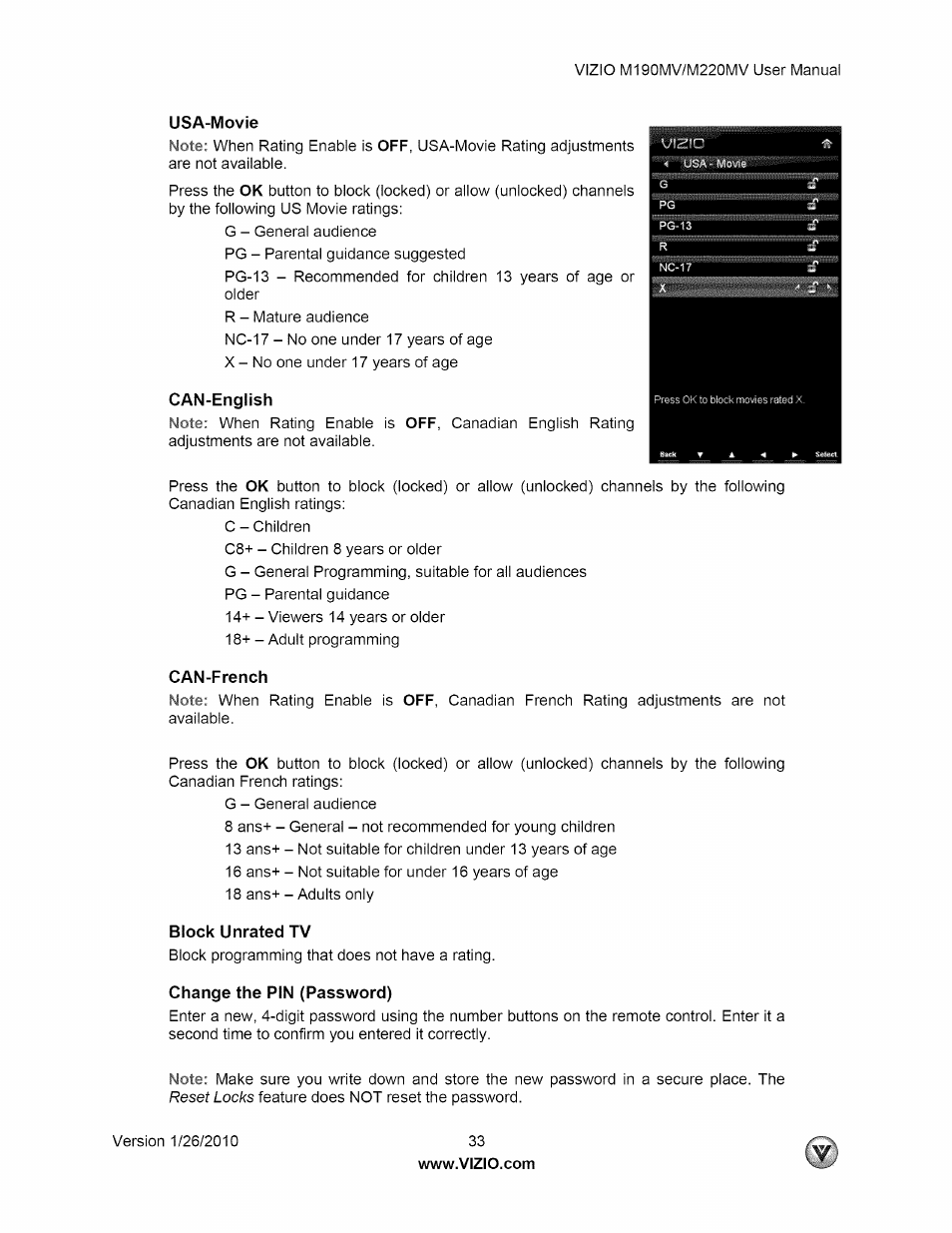 Usa-movie, Can-english, Can-french | Block unrated tv, Change the pin (password) | Vizio M190MV User Manual | Page 33 / 51