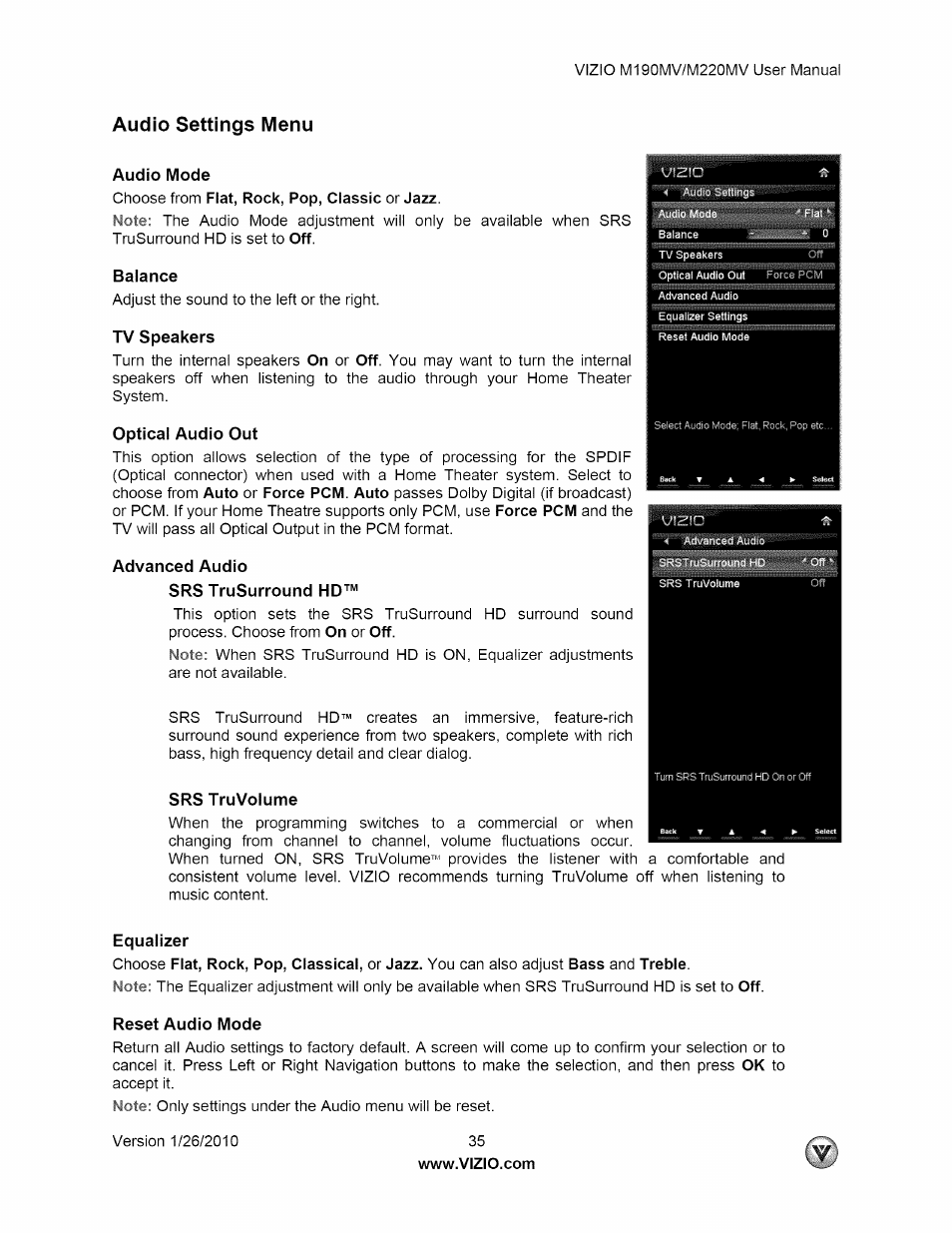 Audio settings menu, Audio mode, Balance | Tv speakers, Optical audio out, Advanced audio, Srs trusurround hd, Srs truvolume, Equalizer, Reset audio mode | Vizio M190MV User Manual | Page 35 / 51