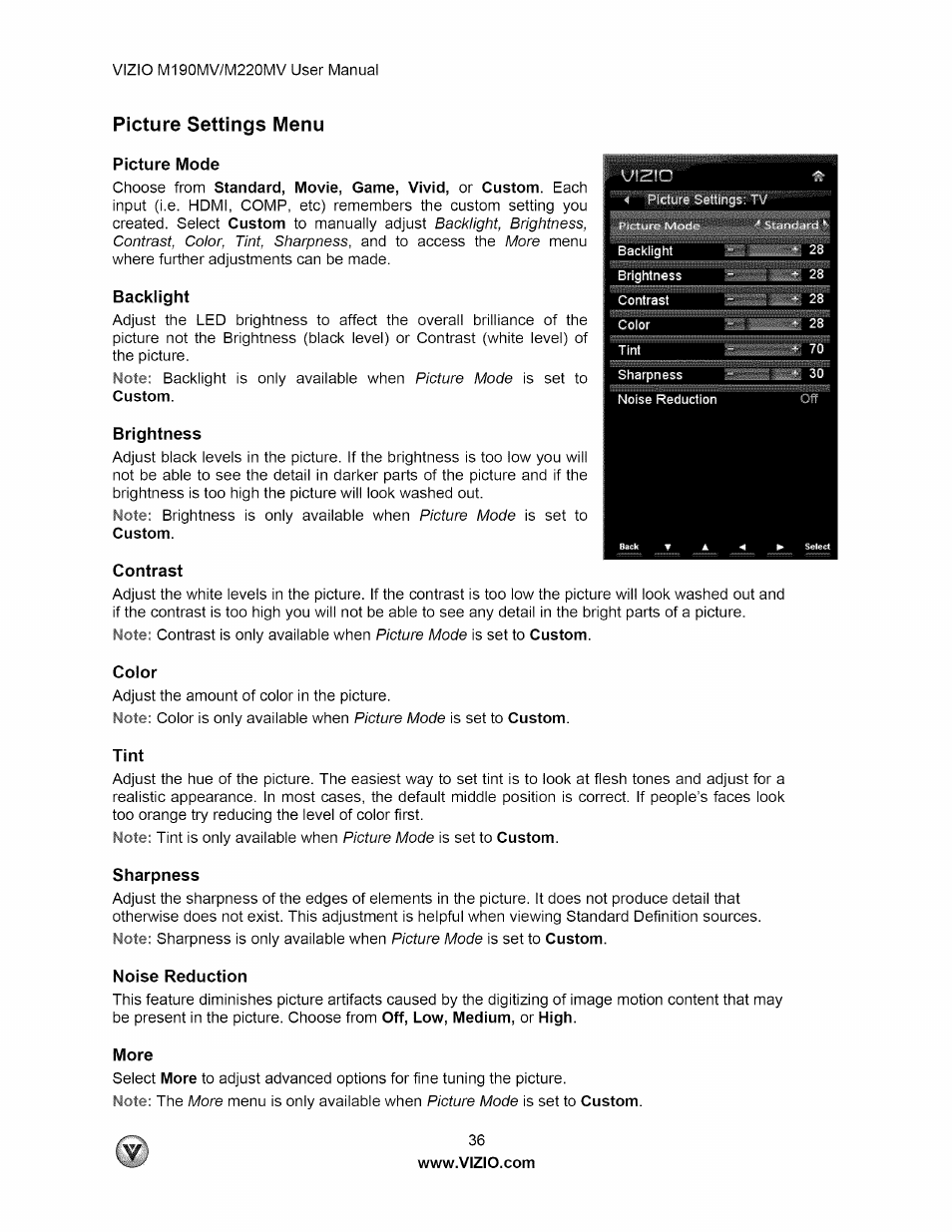 Picture settings menu, Picture mode, Backlight | Brightness, Contrast, Color, Tint, Sharpness, Noise reduction, More | Vizio M190MV User Manual | Page 36 / 51
