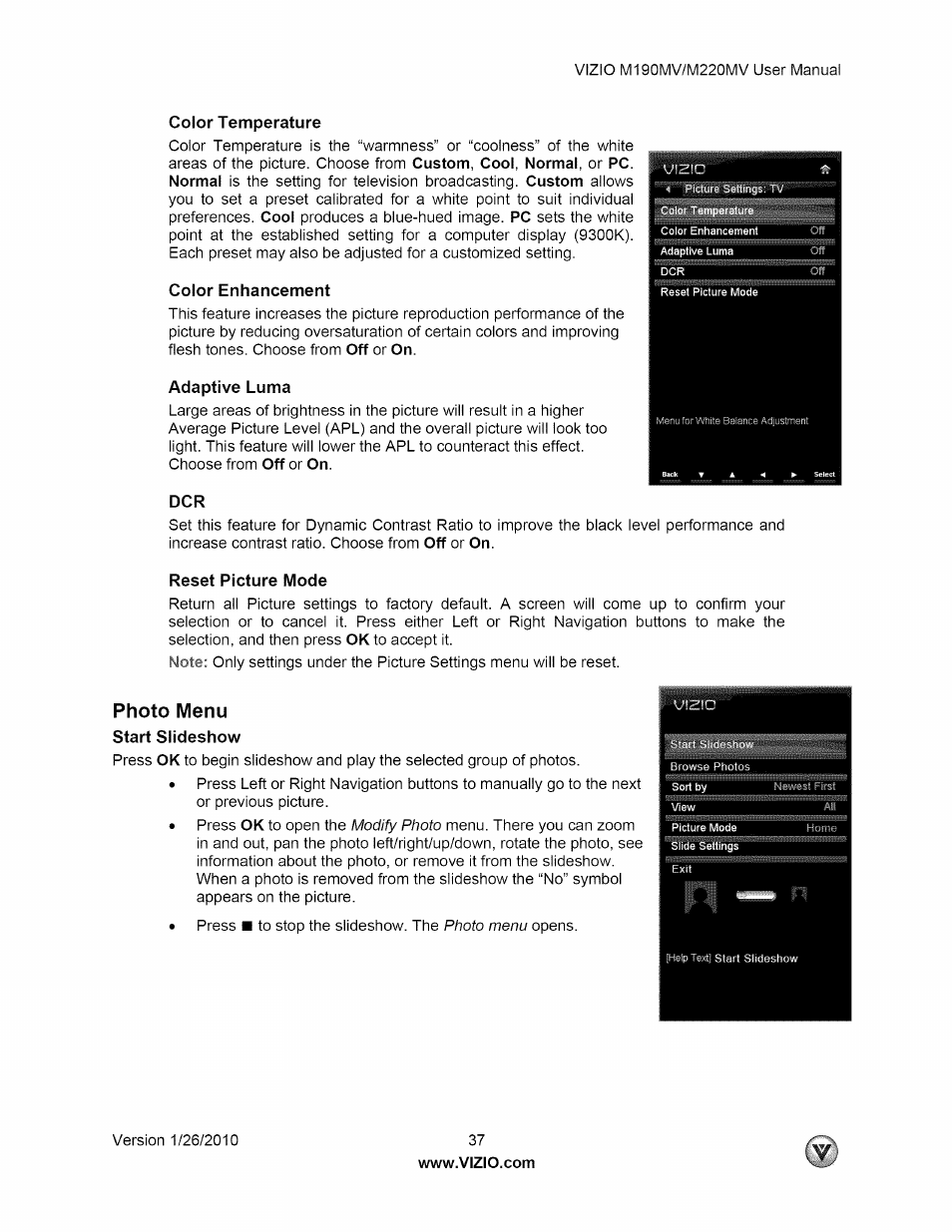 Color temperature, Color enhancement, Adaptive luma | Reset picture mode, Photo menu, Start slideshow | Vizio M190MV User Manual | Page 37 / 51