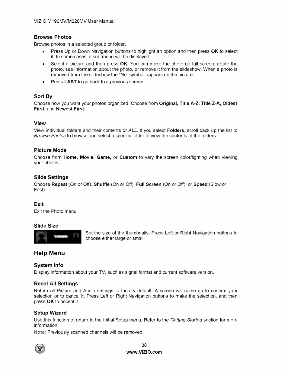 Sort by, View, Picture mode | Slide settings, Exit, Help menu, System info, Reset all settings, Setup wizard, Sort by view | Vizio M190MV User Manual | Page 38 / 51