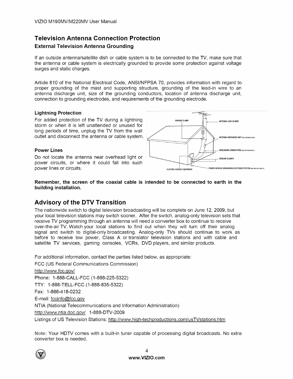 Television antenna connection protection, Advisory of the dtv transition, External television antenna grounding | Vizio M190MV User Manual | Page 4 / 51