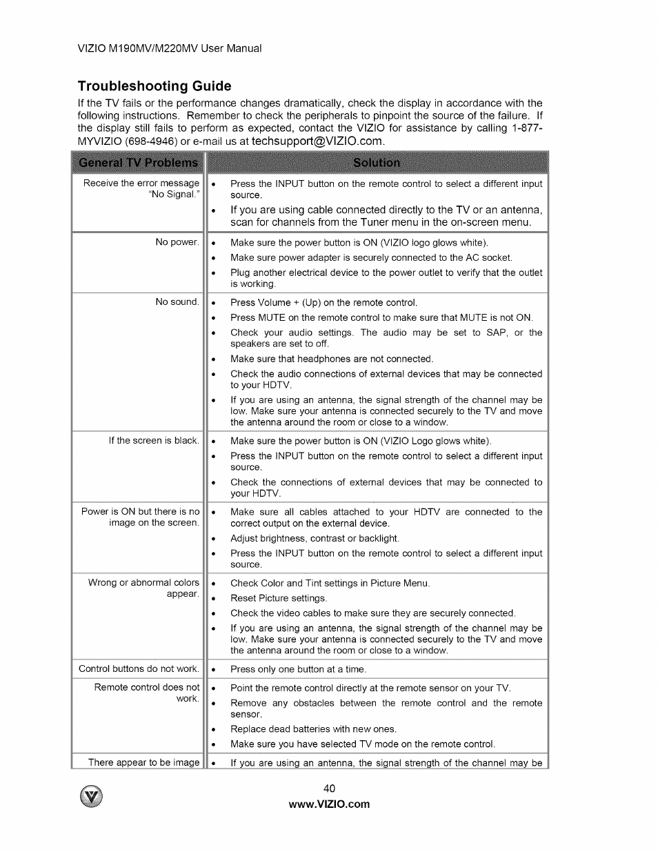 Troubleshooting guide, General tv problems | Vizio M190MV User Manual | Page 40 / 51