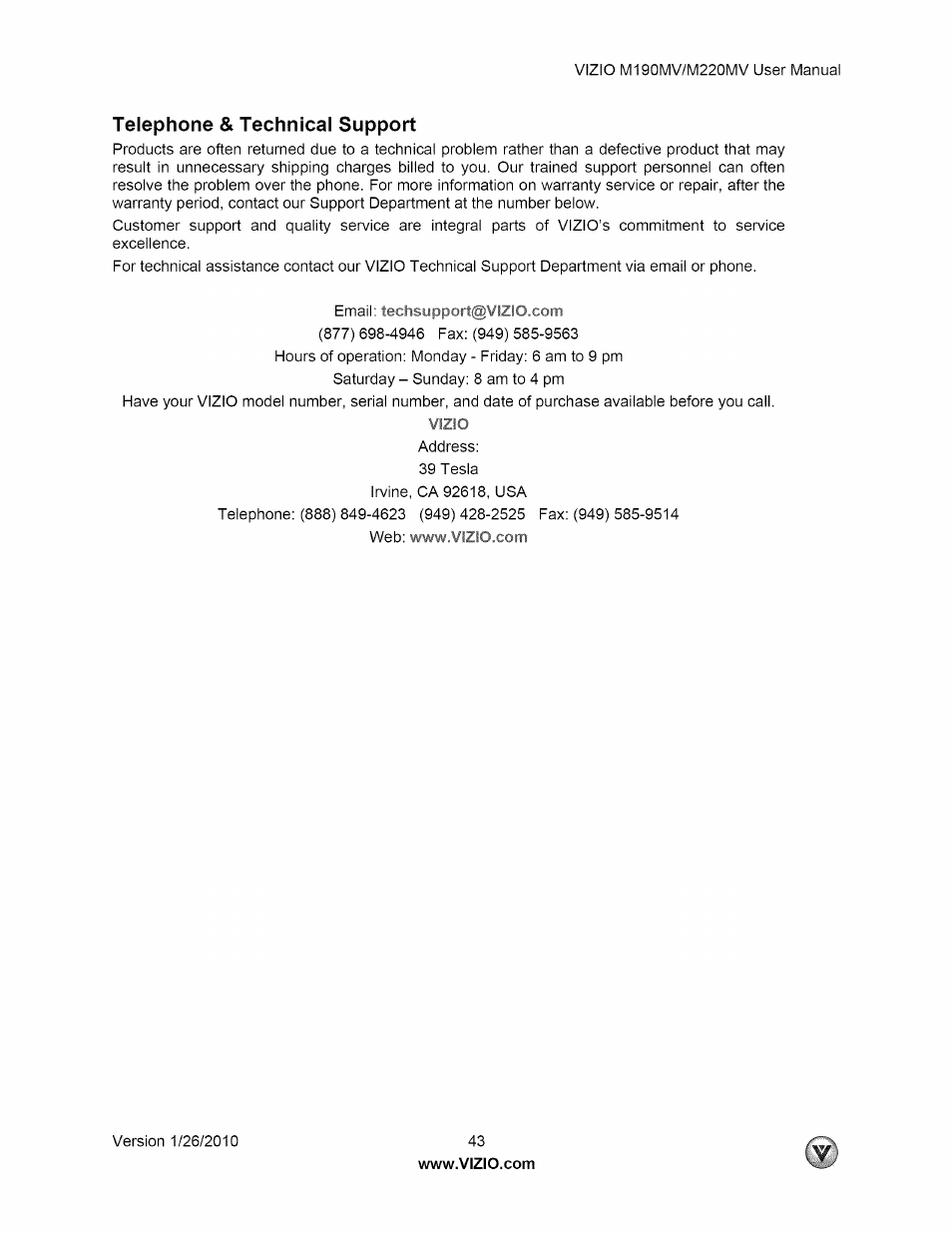 Telephone & technical support | Vizio M190MV User Manual | Page 43 / 51
