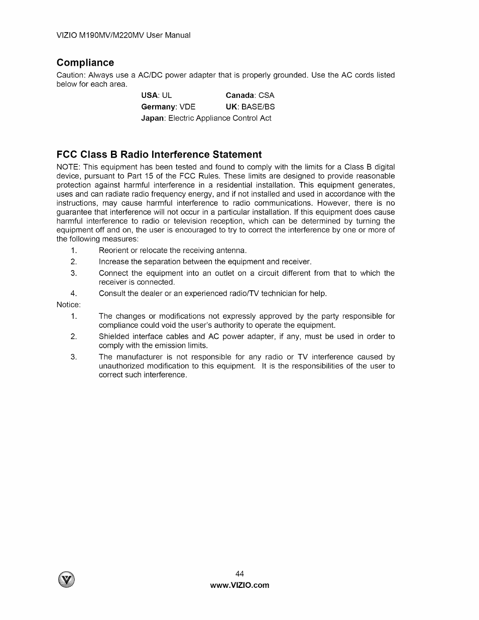 Compliance, Fcc class b radio interference statement | Vizio M190MV User Manual | Page 44 / 51