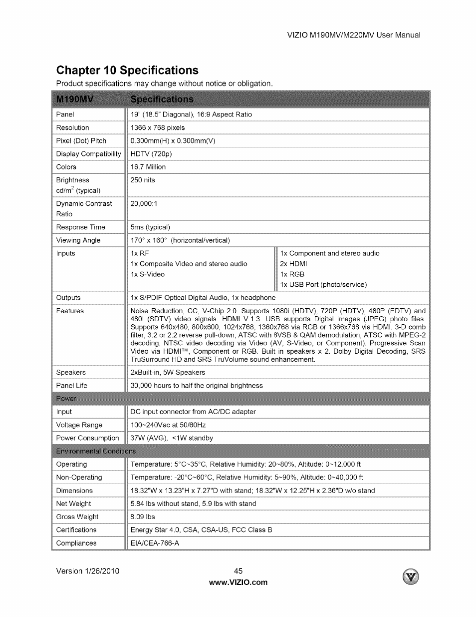 Chapter 10 specifications, M190mv | Vizio M190MV User Manual | Page 45 / 51