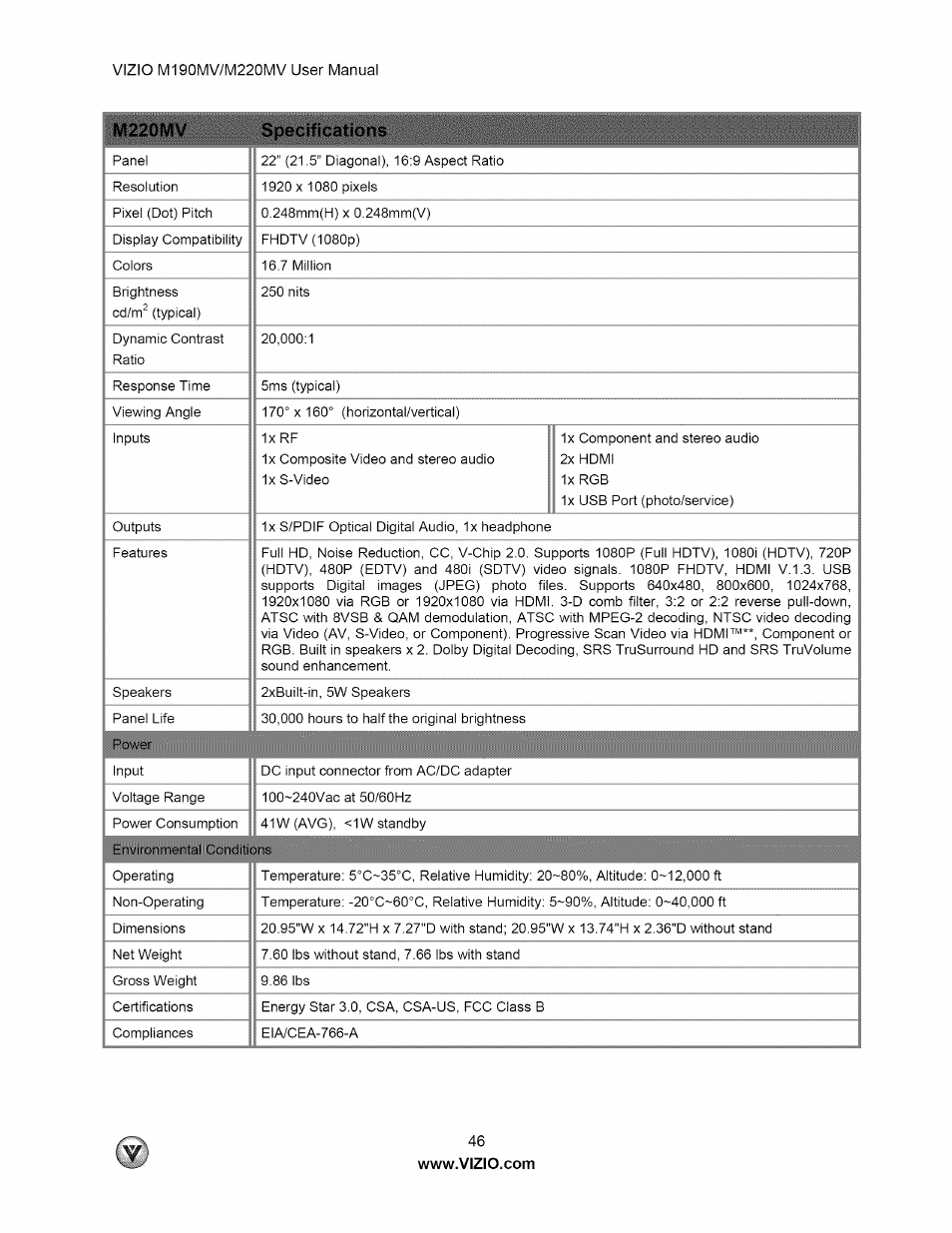 M220mv specifications | Vizio M190MV User Manual | Page 46 / 51