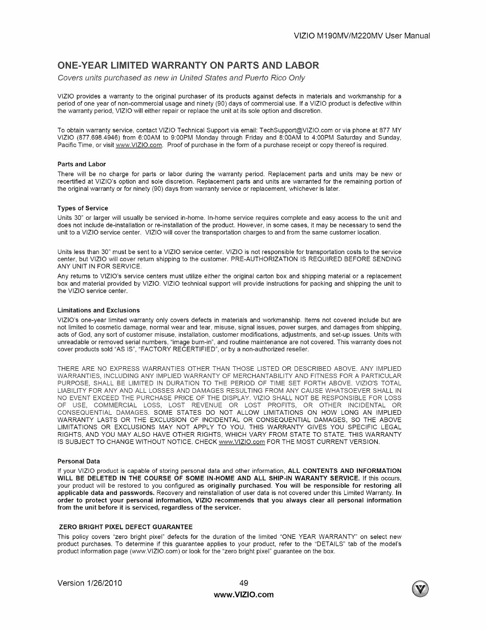 One-year limited warranty on parts and labor | Vizio M190MV User Manual | Page 49 / 51