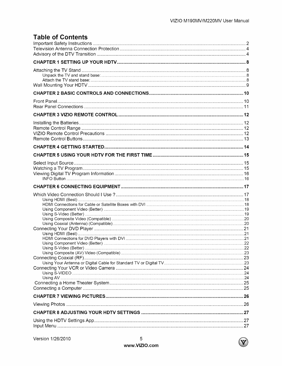 Vizio M190MV User Manual | Page 5 / 51