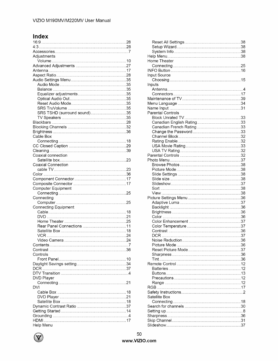 Index | Vizio M190MV User Manual | Page 50 / 51