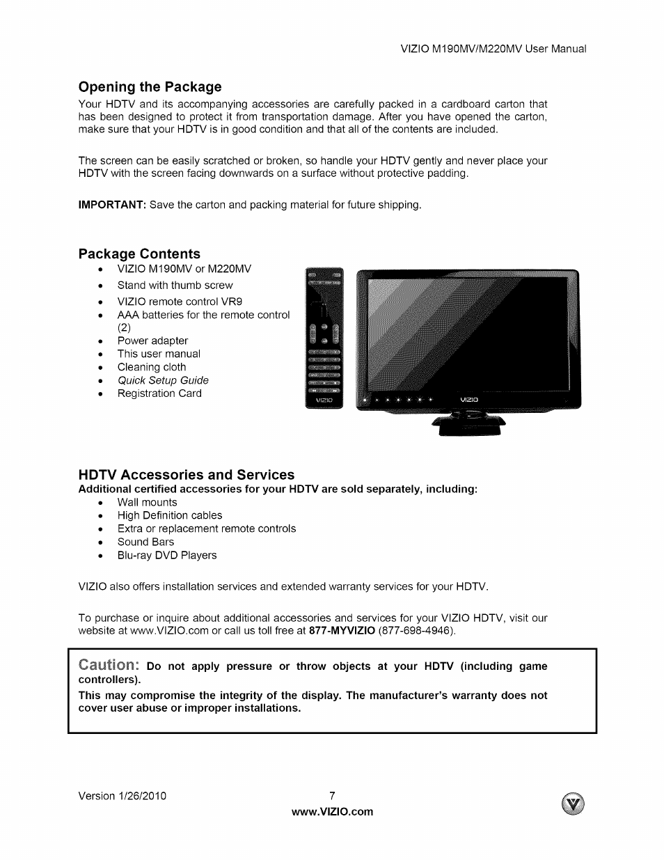 Opening the package, Package contents, Hdtv accessories and services | Caution | Vizio M190MV User Manual | Page 7 / 51