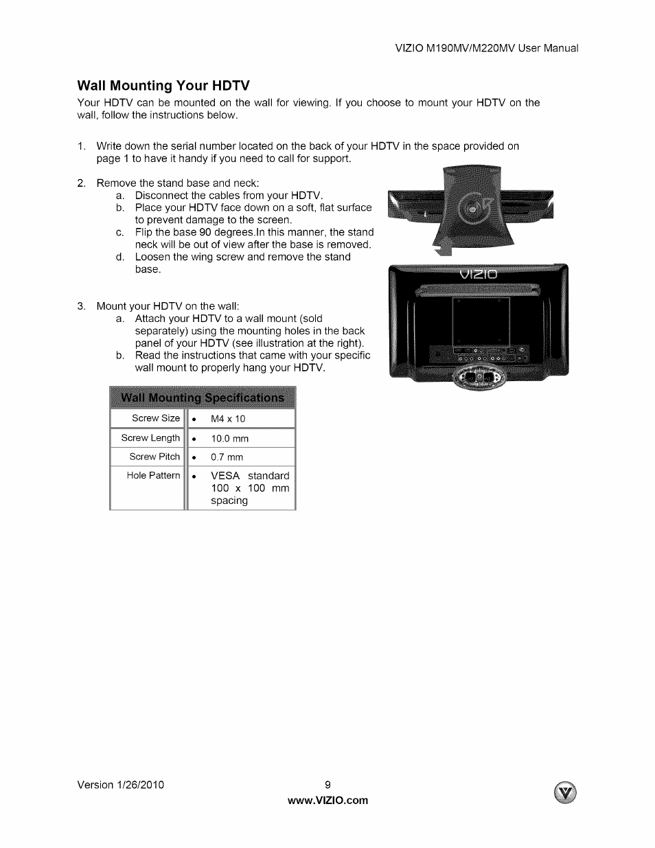 Wall mounting your hdtv | Vizio M190MV User Manual | Page 9 / 51