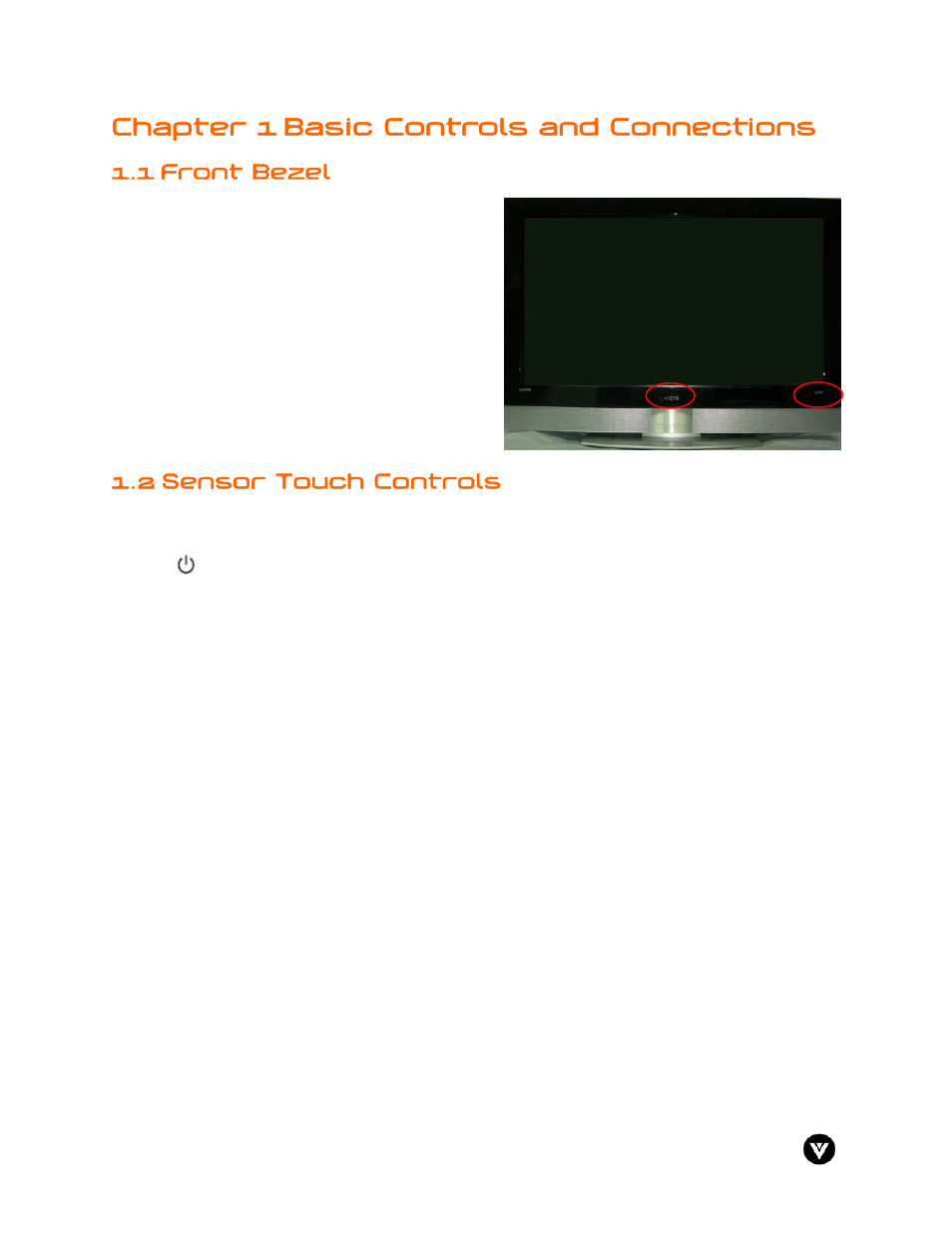 Chapter 1 basic controls and connections, Front bezel, 2 sensor touch controls | 1 front bezel | Vizio GV47L User Manual | Page 10 / 75