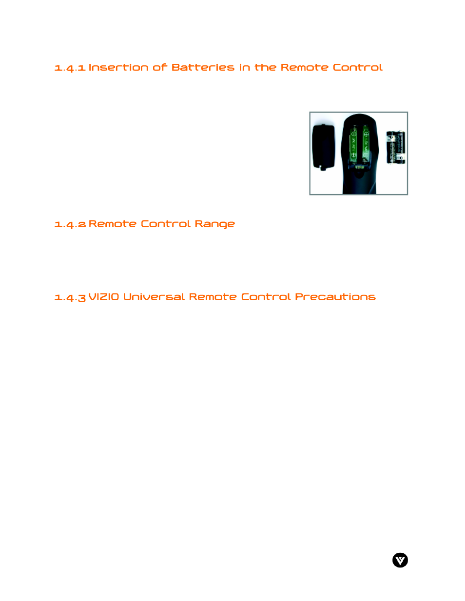 1 insertion of batteries in the remote control, 2 remote control range, 3 vizio universal remote control precautions | Vizio GV47L User Manual | Page 15 / 75