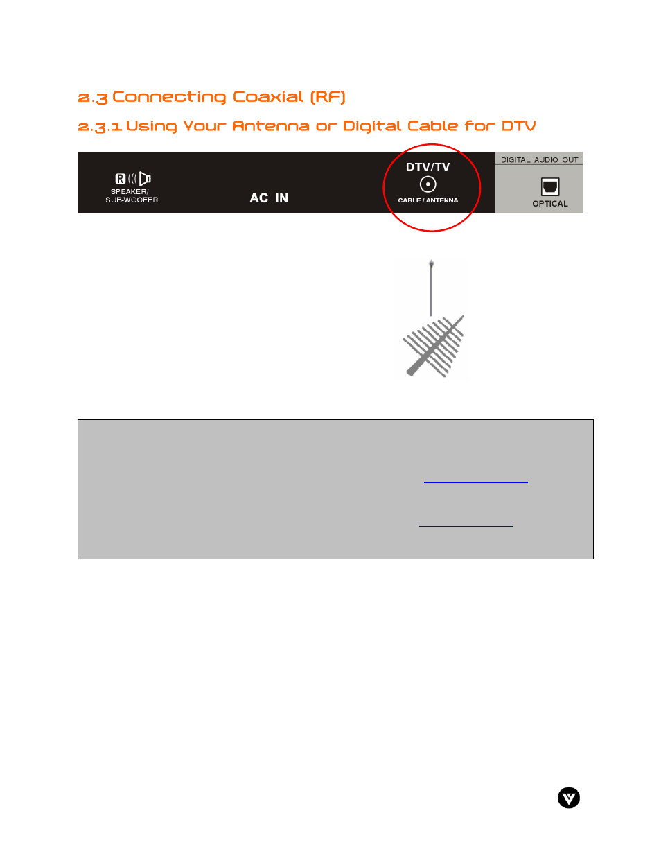 3 connecting coaxial (rf), 1 using your antenna or digital cable for dtv | Vizio GV47L User Manual | Page 20 / 75