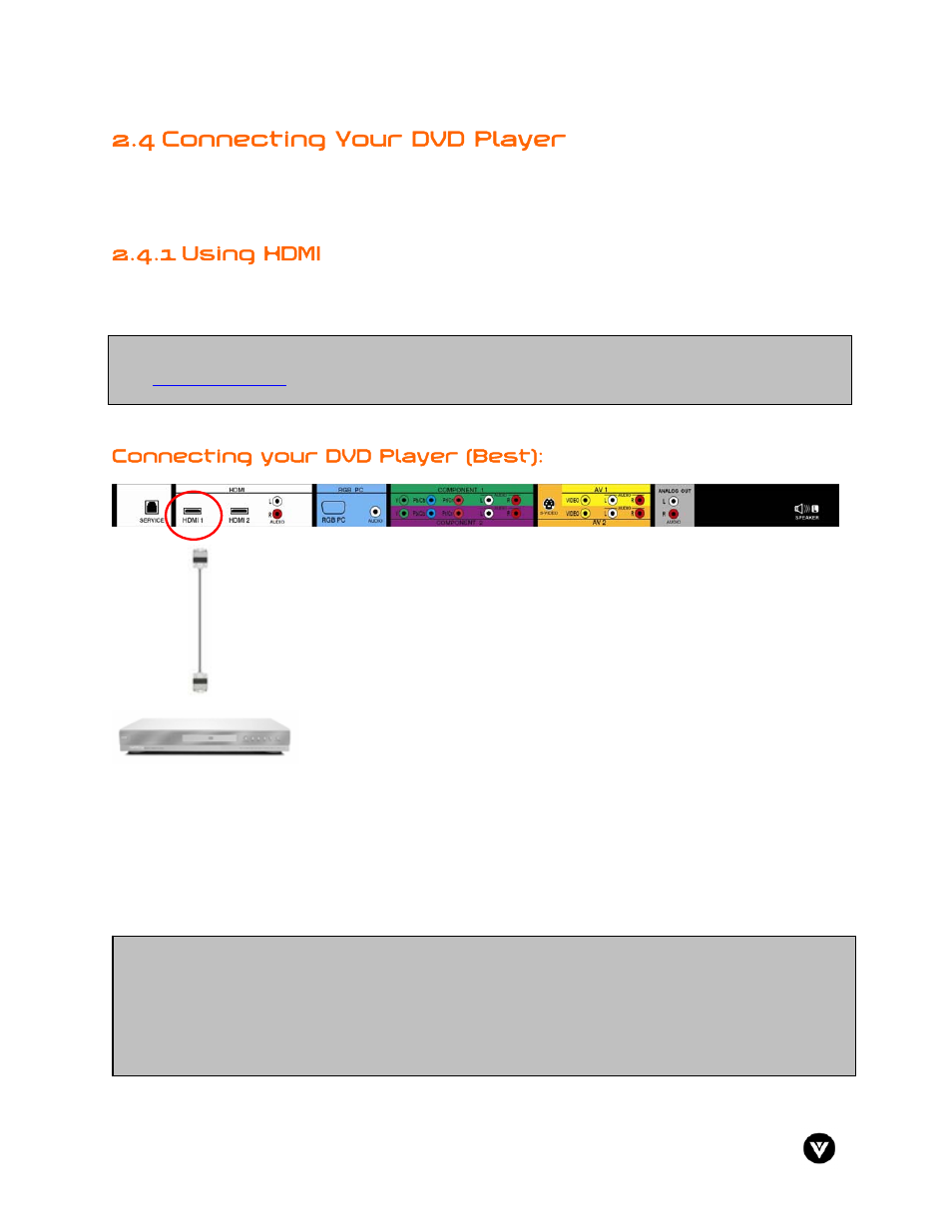 4 connecting your dvd player, 1 using hdmi | Vizio GV47L User Manual | Page 22 / 75