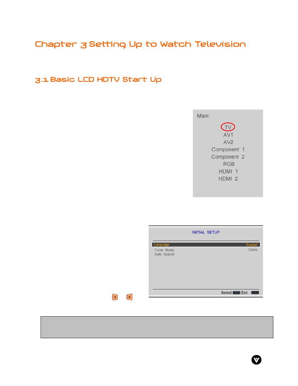 Chapter 3 setting up to watch television, 1 basic lcd hdtv start up | Vizio GV47L User Manual | Page 30 / 75