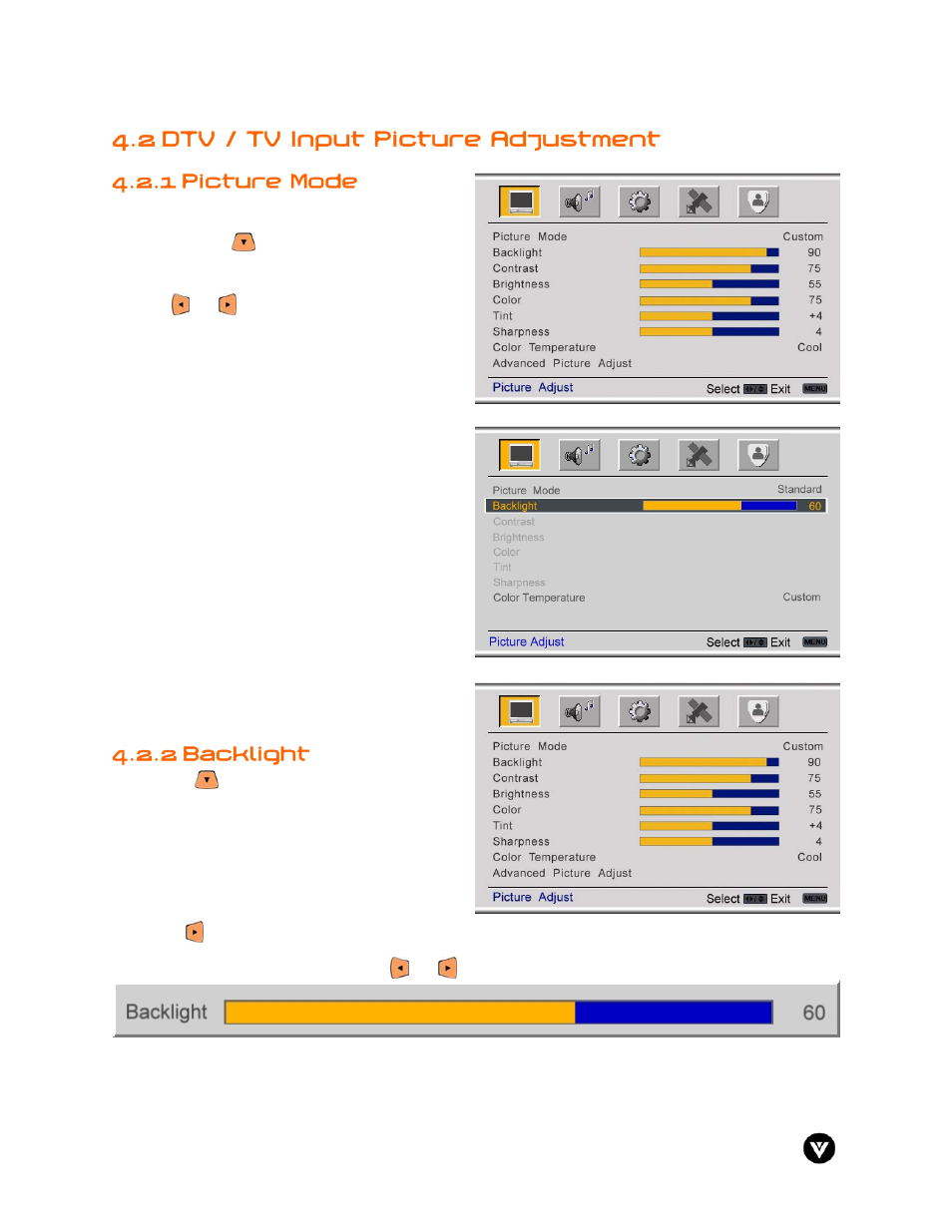 2 dtv / tv input picture adjustment, Picture mode, 2 backlight | 1 picture mode | Vizio GV47L User Manual | Page 39 / 75