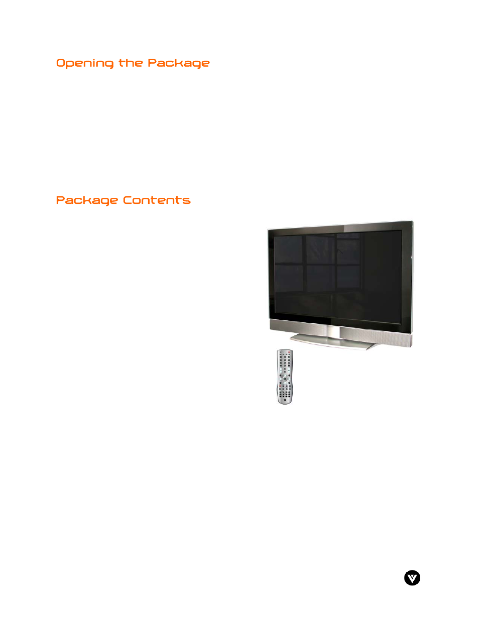 Opening the package, Package contents | Vizio GV47L User Manual | Page 4 / 75