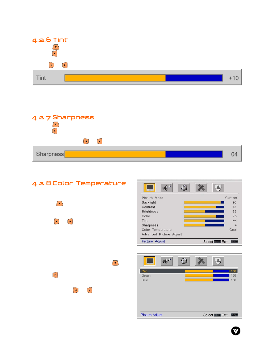 6 tint, 7 sharpness, Color temperature | 8 color temperature | Vizio GV47L User Manual | Page 41 / 75