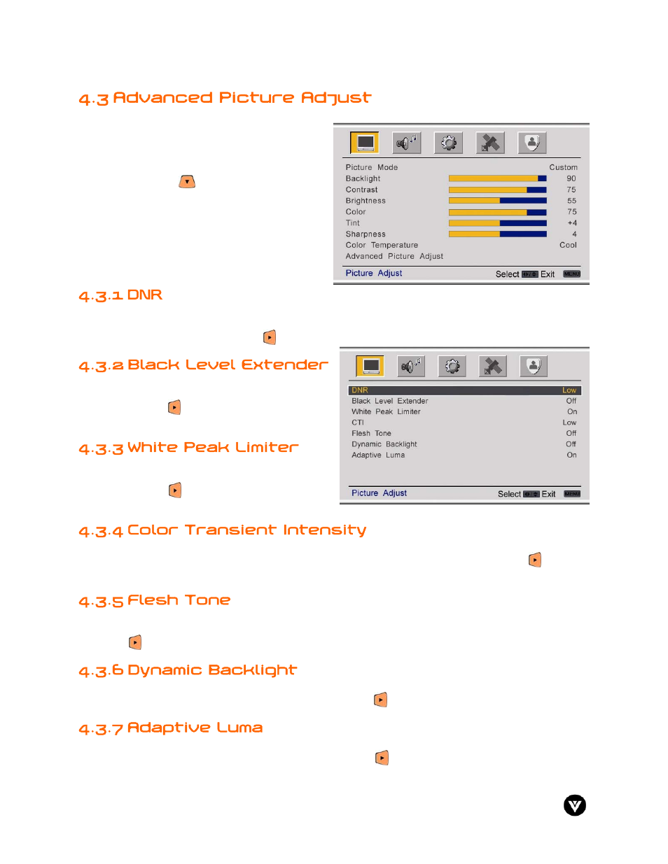 3 advanced picture adjust, 1 dnr, Black level extender | 3 white peak limiter, 4 color transient intensity, 5 flesh tone, 6 dynamic backlight, 7 adaptive luma, 2 black level extender | Vizio GV47L User Manual | Page 42 / 75