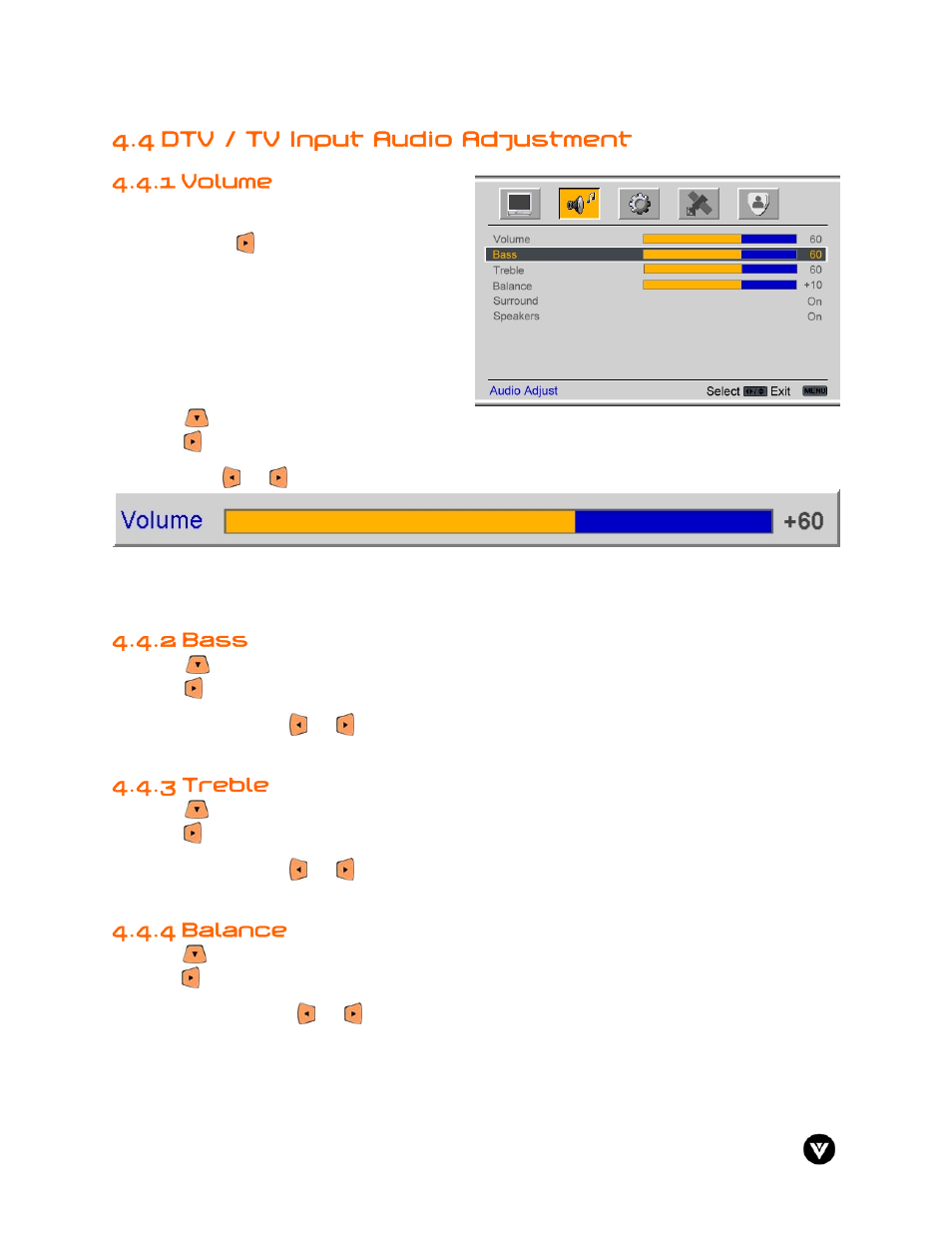 4 dtv / tv input audio adjustment, Volume, 2 bass | 3 treble, Balance, 1 volume, 4 balance | Vizio GV47L User Manual | Page 43 / 75