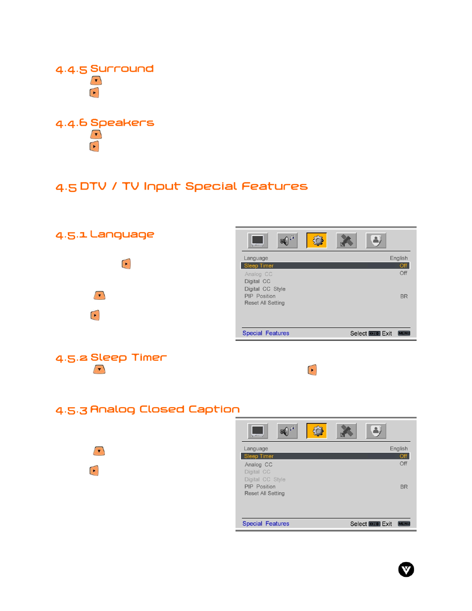 5 surround, Speakers, 5 dtv / tv input special features | Language, Sleep timer, 3 analog closed caption, 6 speakers, 1 language, 2 sleep timer | Vizio GV47L User Manual | Page 44 / 75
