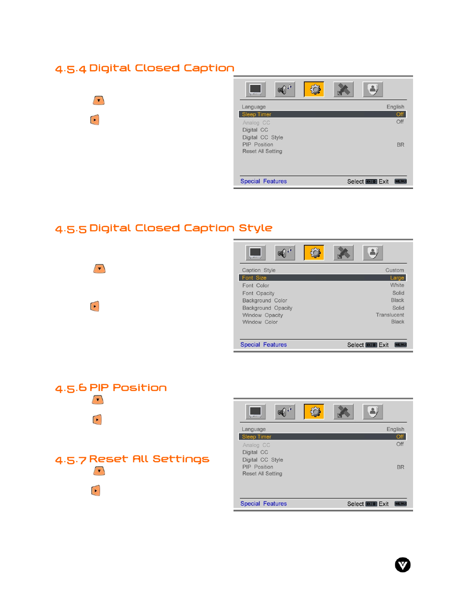 4 digital closed caption, 5 digital closed caption style, 6 pip position | Reset all settings, 7 reset all settings | Vizio GV47L User Manual | Page 45 / 75