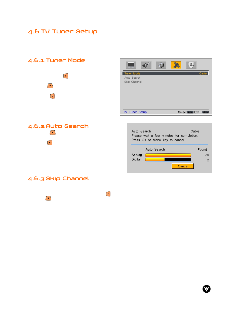 6 tv tuner setup, Tuner mode, Auto search | 3 skip channel, 1 tuner mode, 2 auto search | Vizio GV47L User Manual | Page 46 / 75