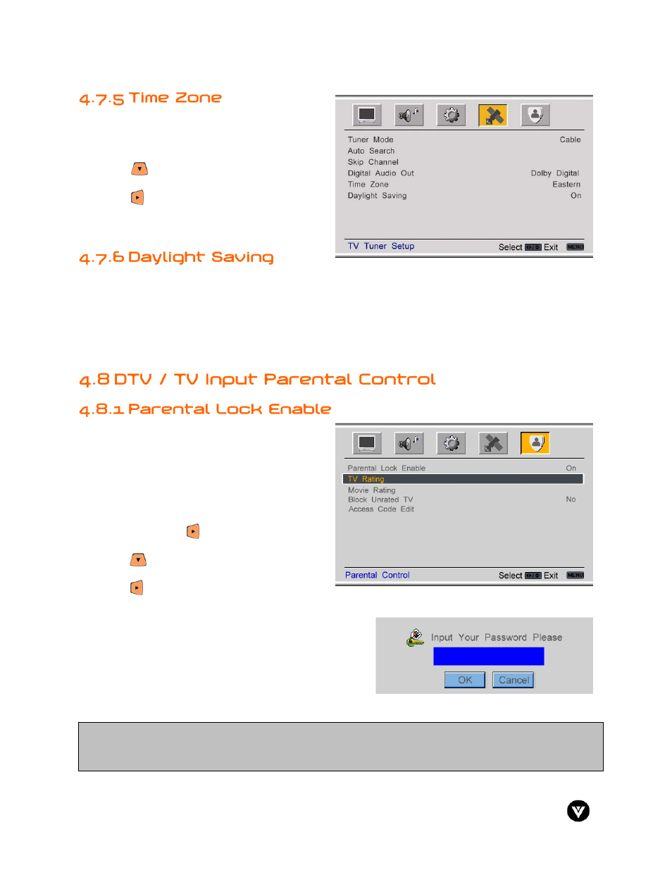 5 time zone, 6 daylight saving, 8 dtv / tv input parental control | 1 parental lock enable | Vizio GV47L User Manual | Page 48 / 75