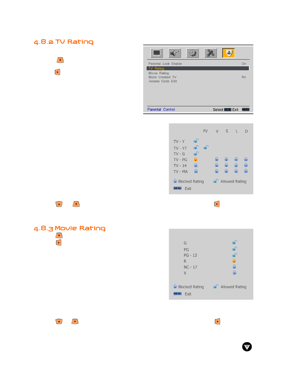 2 tv rating, Movie rating, 3 movie rating | Vizio GV47L User Manual | Page 49 / 75