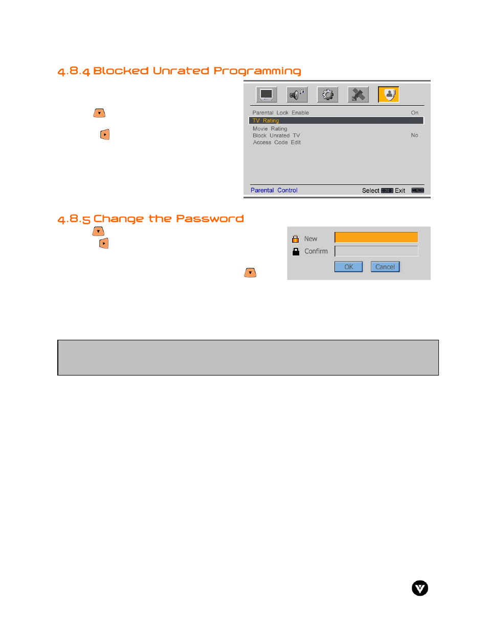 4 blocked unrated programming, 5 change the password | Vizio GV47L User Manual | Page 50 / 75